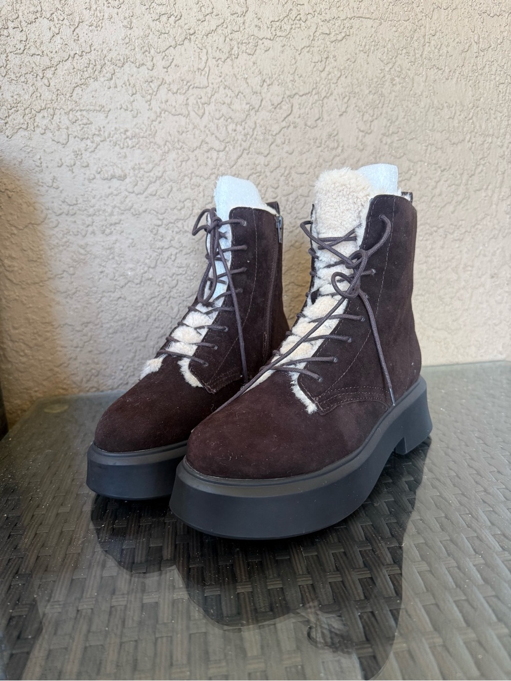 Steve Madden Brown Suede Platform Lace-Up Boots with Shearling Trim